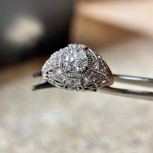 Art Deco Style Round Cut Cz Silver 925 Ring - Picture 5 of 13